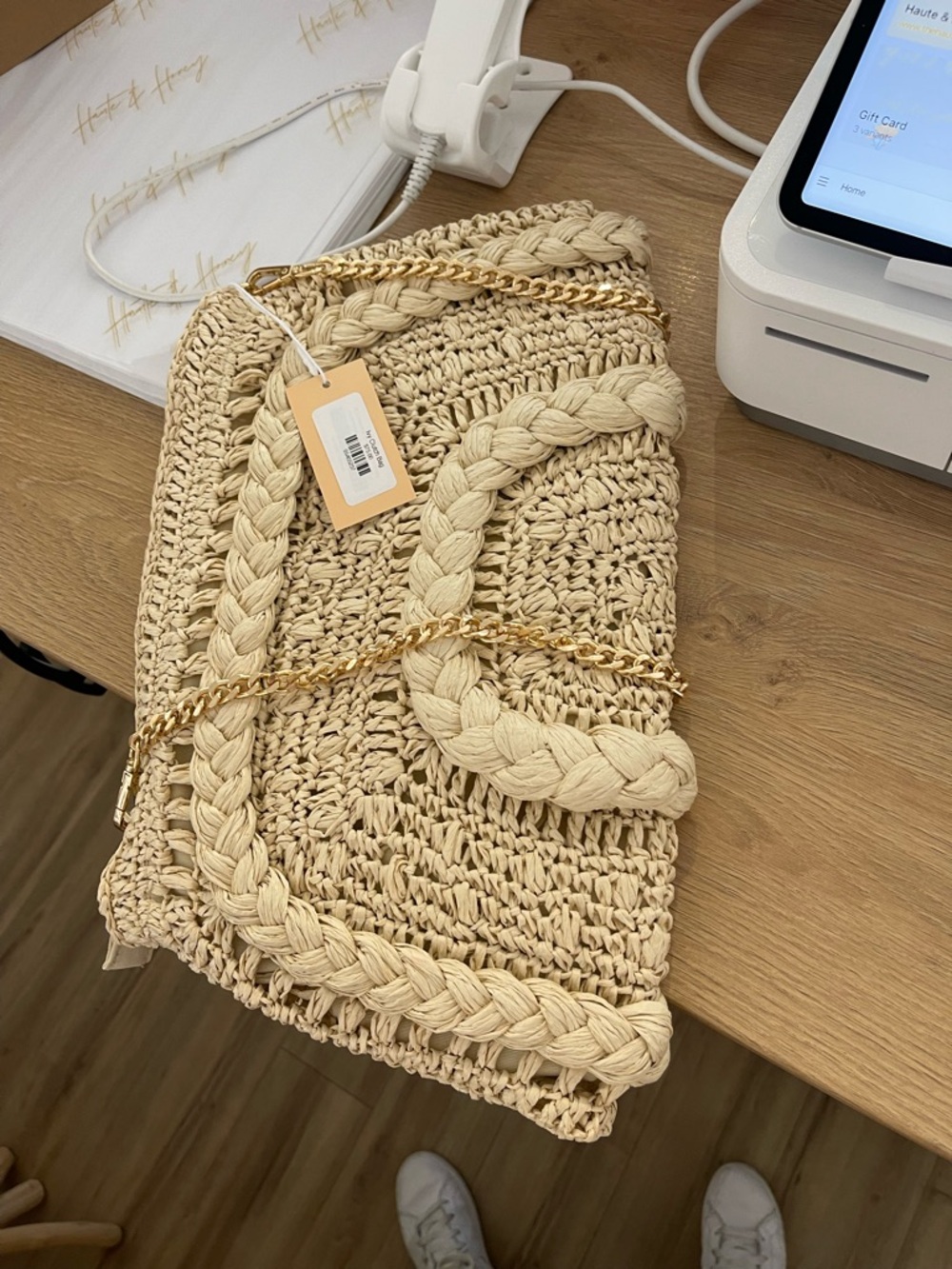 H&M Beige Braided Straw Shoulder Bag with Gold Chain